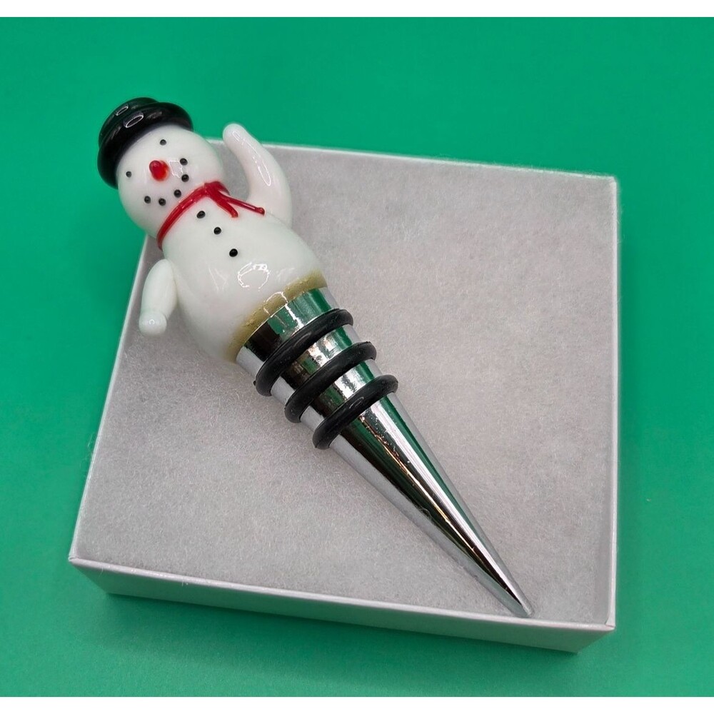 Hallmark Glass Snowman Wine Bottle Stopper Stainless Base Rubber Seal Rings